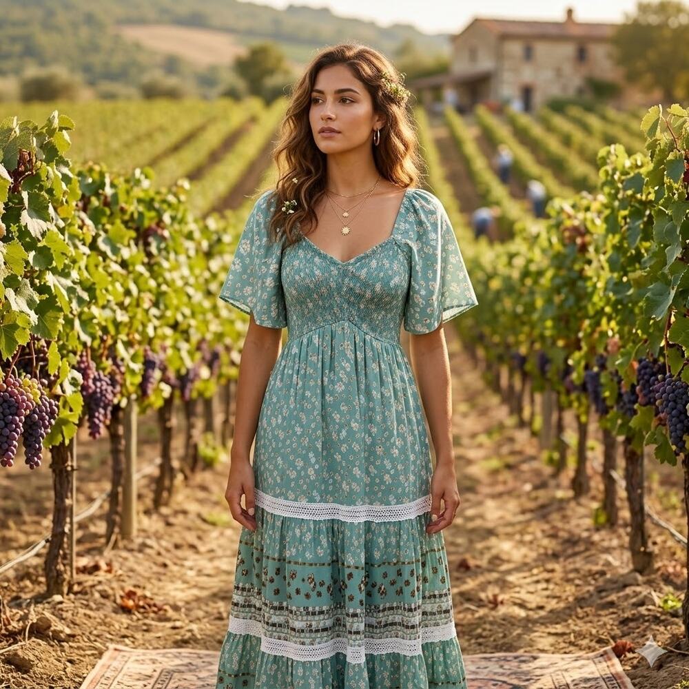 In Loom Mint Green Floral Smocked Maxi Dress with Lace Trim Cottagecore  Size S
